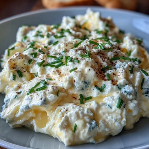 Creamy cottage cheese scrambled eggs with fluffy texture and golden hue, served in a skillet with fresh chives.  