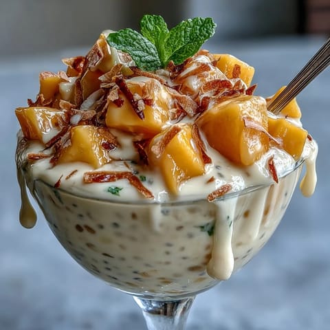 Creamy coconut chia pudding with fresh mango chunks, a tropical vegan dessert perfect for breakfast or a healthy snack.  