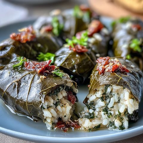 Scrumptious Kurdish Dolma, showcasing perfectly rolled grape leaves ready for plating.
