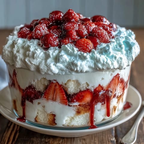 Luscious Red White Blue Berry Trifle, showcasing fluffy cake and fresh fruit swirls.