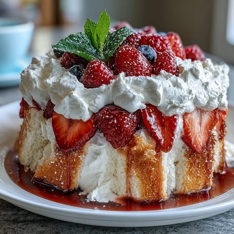 Festive Red White Blue Berry Trifle with angel food cake layers, vibrant colors.