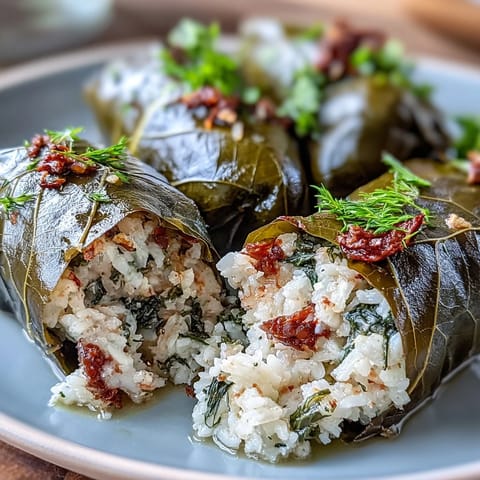 Tender Kurdish Dolma, plump stuffed grape leaves glistening with herb-infused rice.
