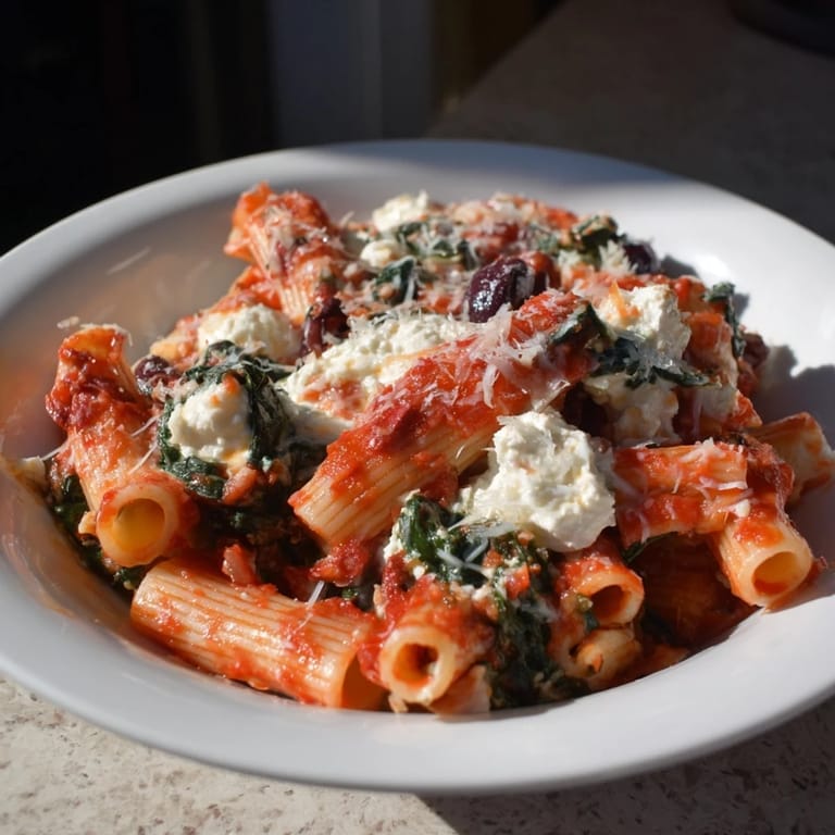 This Olive-Warm Baked Ziti showcases creamy ricotta, tender pasta, and a rich tomato sauce, ready to serve.