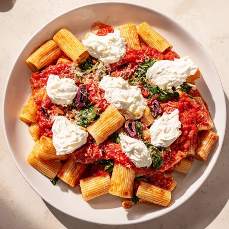 Hot, bubbly Olive-Warm Baked Ziti topped with golden cheese, featuring spinach and Kalamata olives throughout.