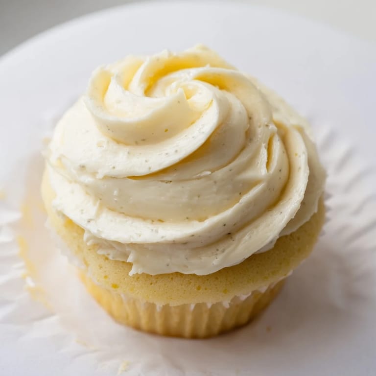 Close-up of freshly baked vanilla cupcakes, showcasing the light texture and frosted with buttercream.
