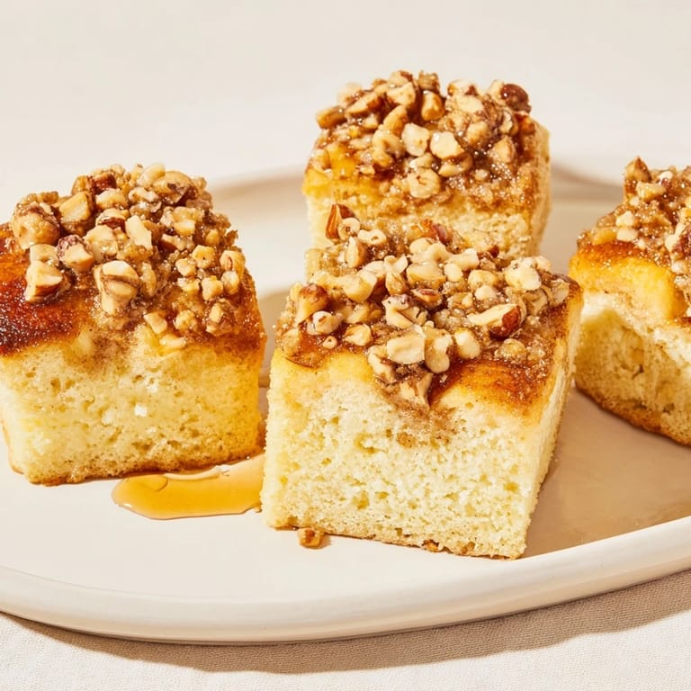 A perfect photo of light sweet Hazelnut and Honey Cake Squares showing a warm, inviting texture, ideal for an afternoon treat.