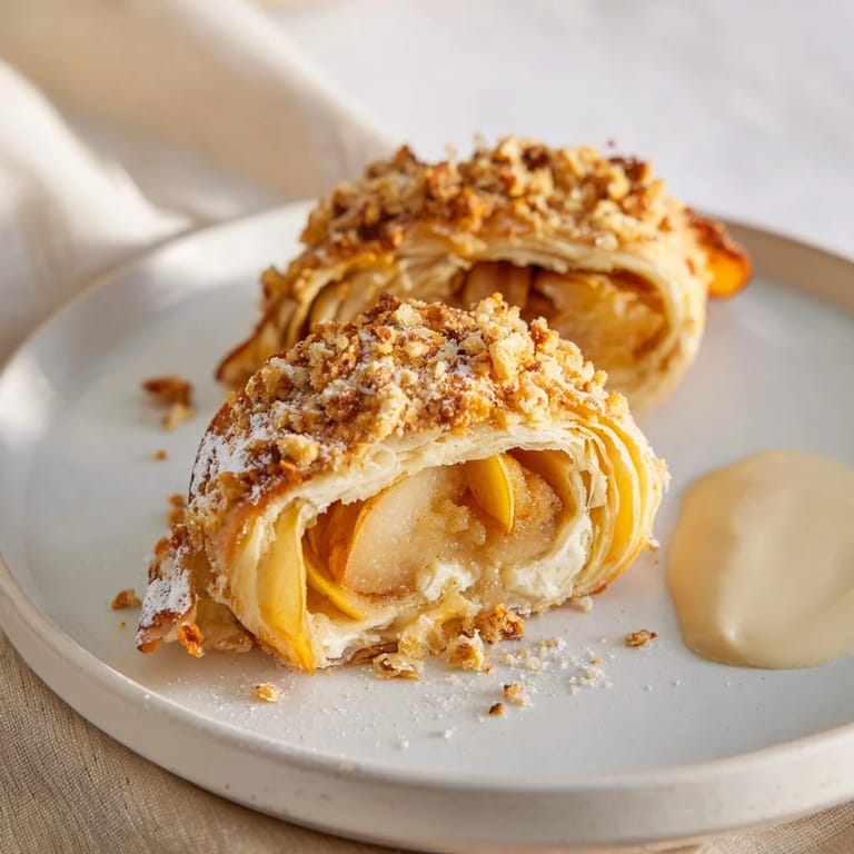 A close-up of a freshly baked Apple Strudel, served with rich vanilla sauce, perfect for dessert.