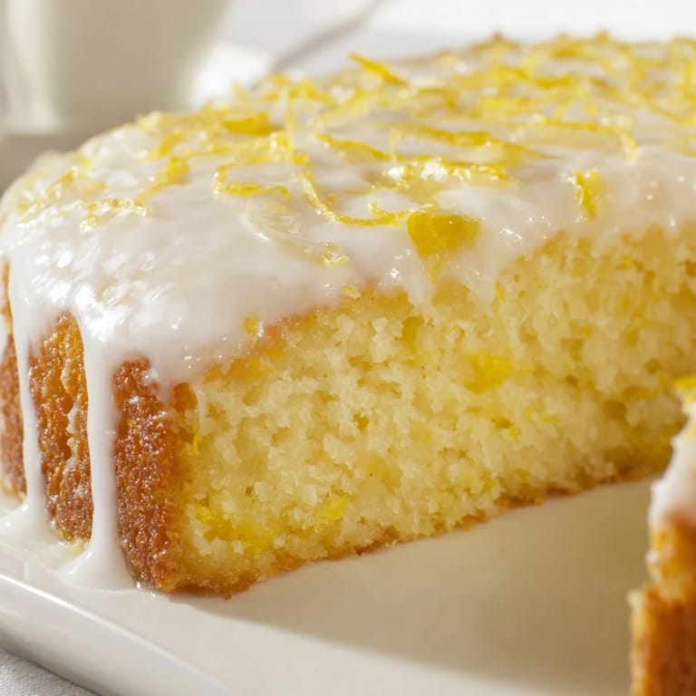 This close-up focuses on a fluffy lemon loaf, covered generously in sweet, glossy lemon icing.