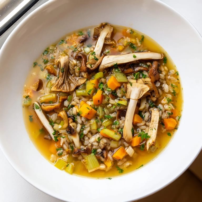 A close up shot of a hearty Wild Mushroom and Barley Soup; tender barley and savory mushroom blend.