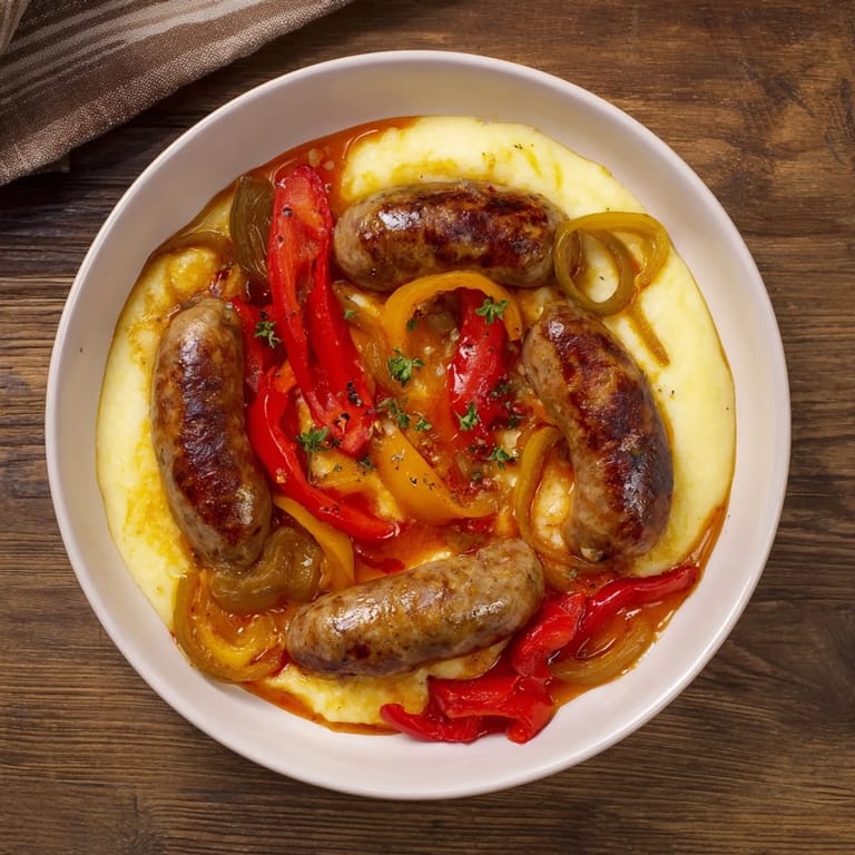 A close-up of Herb-Cozy Skillet Sausage and Peppers glistens with tomato sauce and fresh herbs on polenta.
