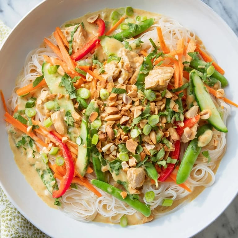 Top-down view of satisfying Spicy Peanut Noodle Salad, showcasing noodles, peanuts, and fresh cilantro.