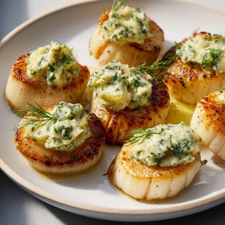 Perfectly cooked Harbor-Style Seared Scallops, with a rich, buttery sauce, ready for a delicious dinner.