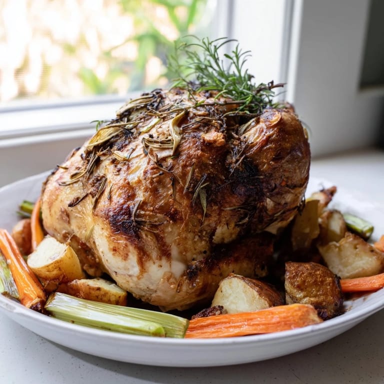 Tender Roast Chicken with Rosemary and Garlic seasoned inside and out, perfect for a cozy family meal.
