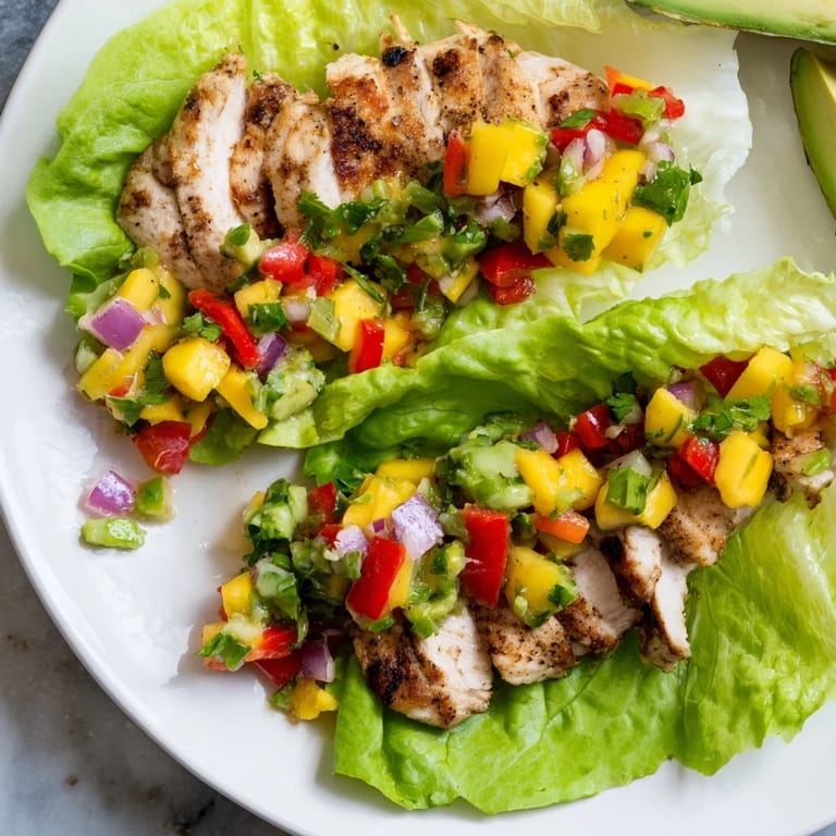 Vibrant mango salsa tops tender grilled chicken in these delicious lettuce wraps, perfect for lunch.