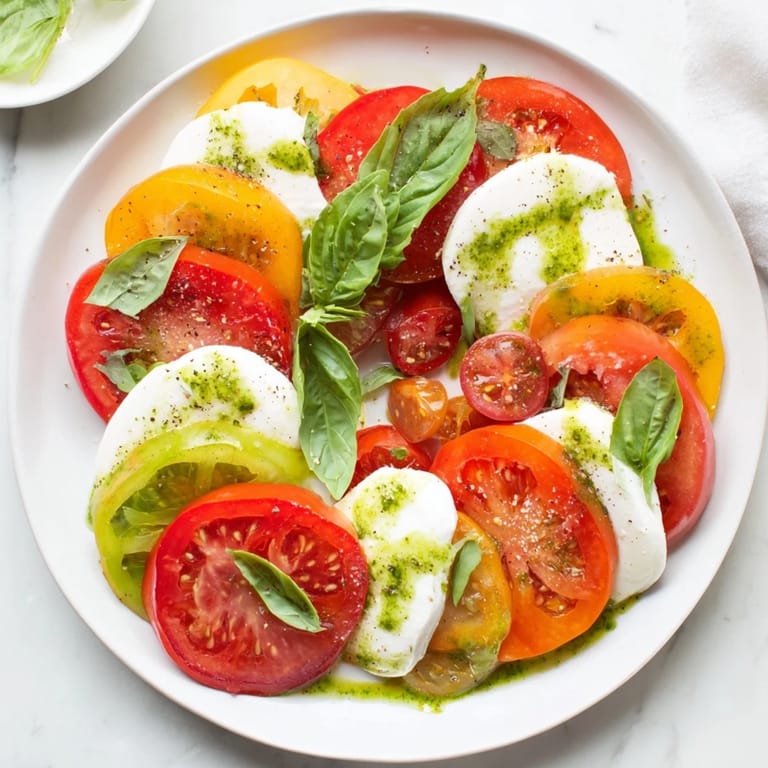Fresh basil and ripe tomatoes star in this simple Caprese salad, ideal for a light, Italian-style meal.