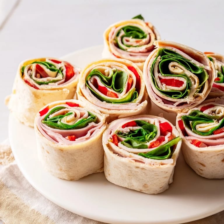Vibrant photo reveals fresh ingredients layered in the easy-to-make Turkey and Provolone Pinwheels, a tasty lunch idea.