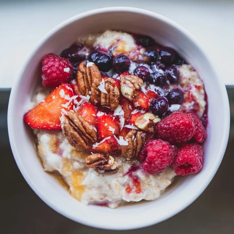 Cool, creamy Overnight Oats with Berries and Honey topped with glistening, fresh fruit.