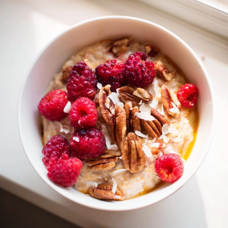 Golden honey drizzled on perfect Overnight Oats with Berries and Honey, a delicious breakfast.
