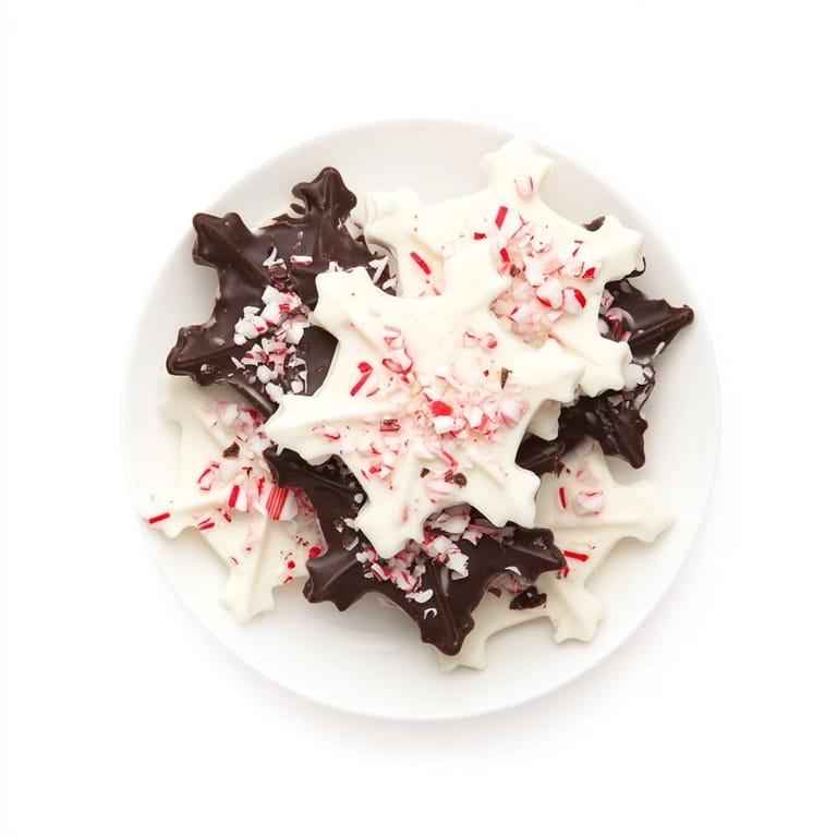 A close-up view of beautiful Peppermint Bark Snowflakes, glistening with crushed peppermint candy on top.