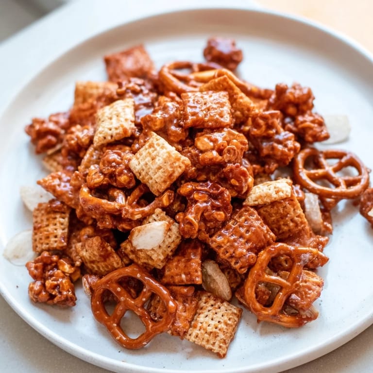 This homemade Party Mix boasts a sweet and crunchy texture, perfect for holiday gatherings and parties.