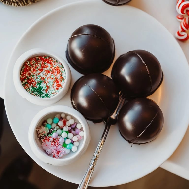 An assortment of colorful toppings frames the decadent Hot Cocoa Bombs for serving this dessert.