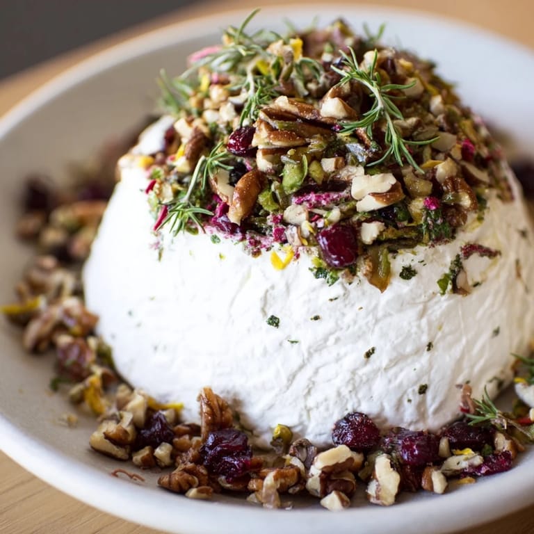 Creamy Goat Cheese Log coated in a beautiful, snow-like mixture, ready for your gathering.
