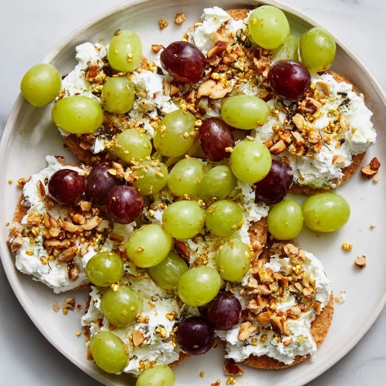 A visually appealing cluster of Sparkling Grape Appetizer, featuring colorful grapes covered in creamy cheese and nuts.