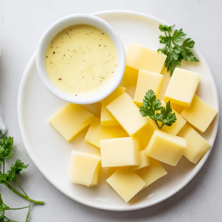 This cheese platter presents creamy Gouda with an inviting mustard dip, ready for a delightful appetizer.