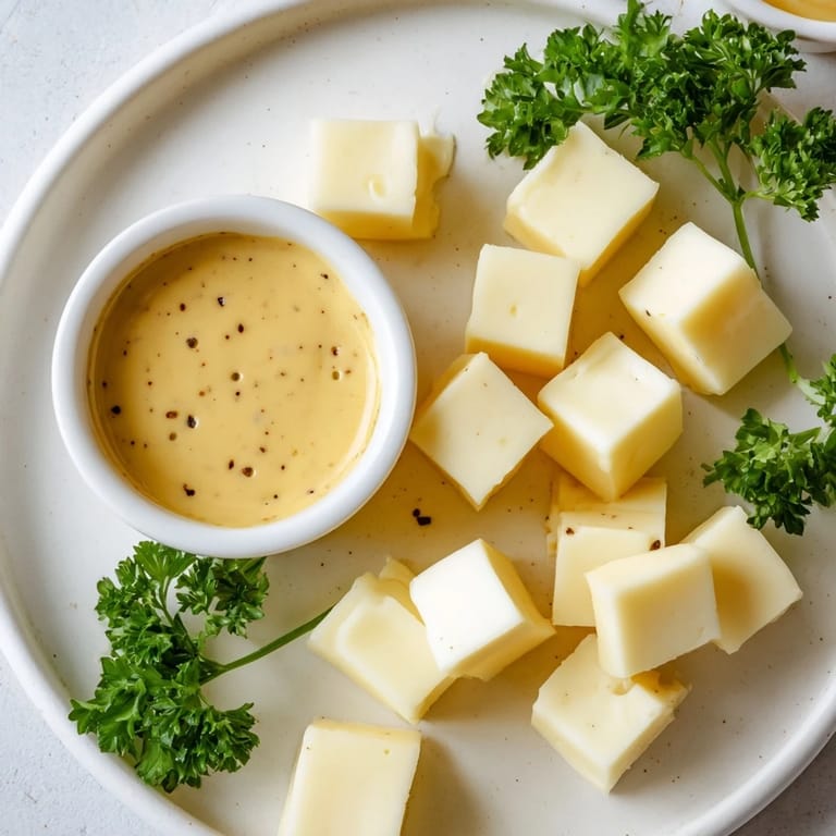 Serve this elegant cheese platter of Gouda and tangy mustard dip with fresh fruit and crackers.