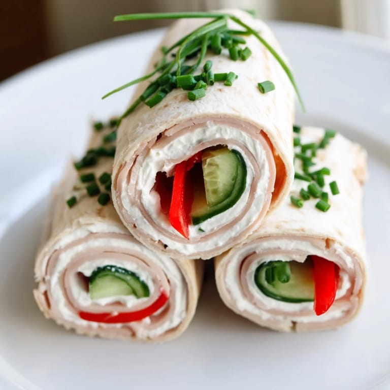 Beautiful arrangement of savory turkey roll-ups, a quick and easy party platter idea.