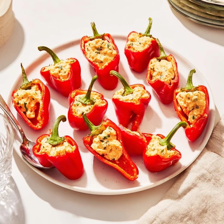 Mediterranean-style mini bell pepper halves with feta filling, featuring a colorful array of fresh, tasty vegetables.