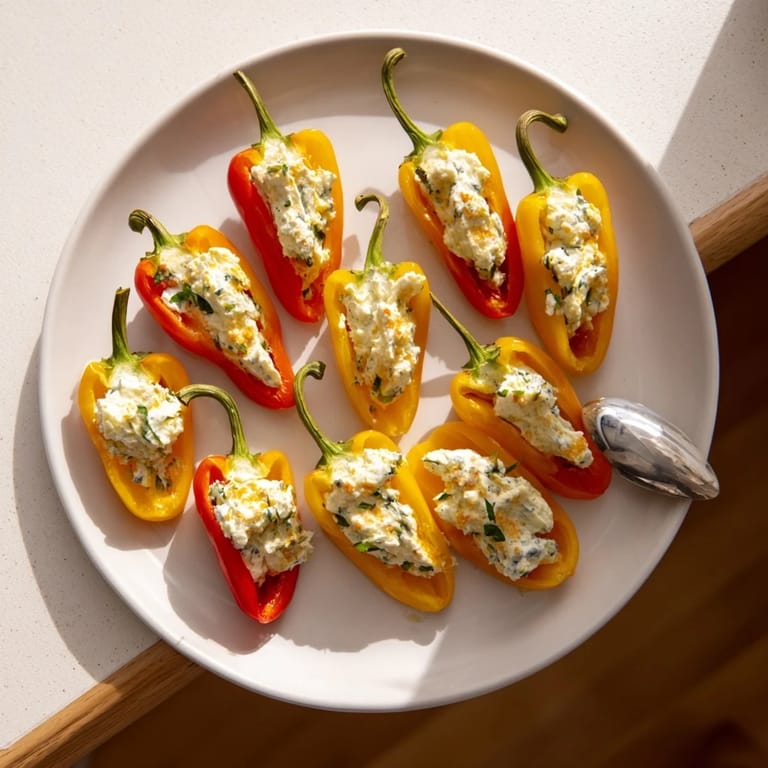 Beautifully arranged mini bell peppers with feta filling, a refreshing vegetarian appetizer drizzled with olive oil.