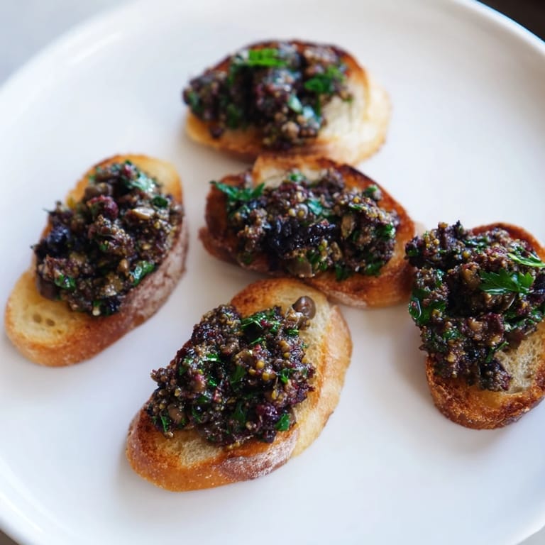 Close-up of a bowl overflowing with black olive tapenade with perfect golden, crispy crostini.