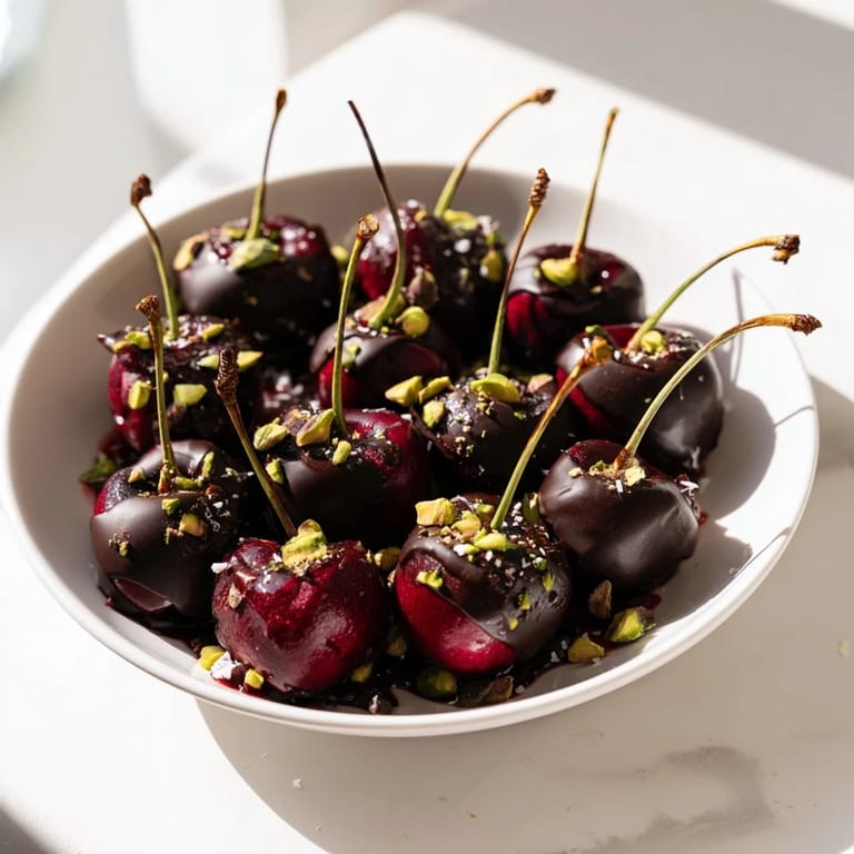 Beautiful dark chocolate-covered cherry dessert bites arranged as a pyramid, perfect party dessert idea.