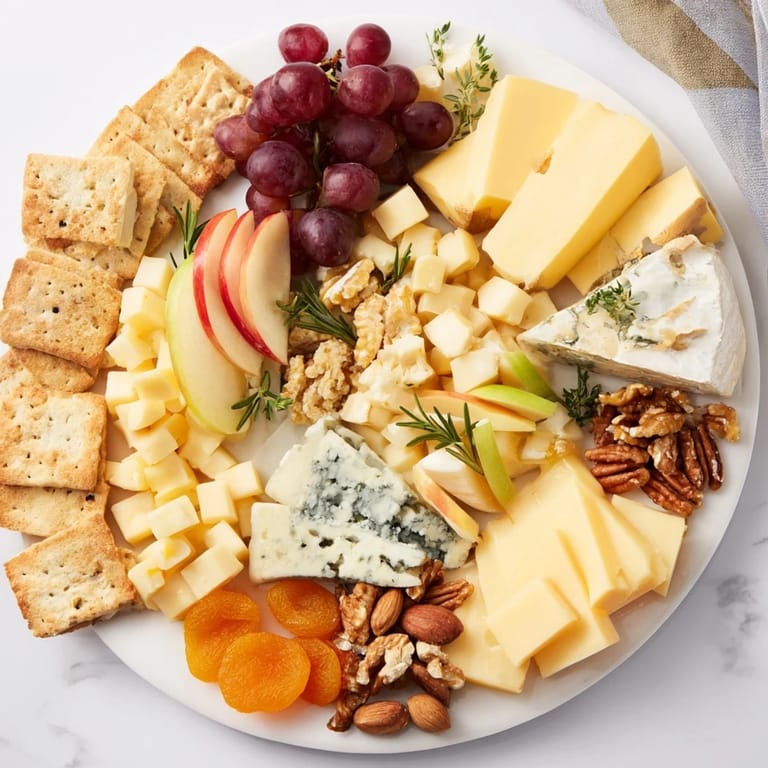 Inviting flat lay photo: a fully assembled Housewarming Open House Spread laden with cheeses and tasty components.