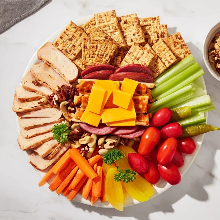 This Tailgate Party Power Stack features layered meats, veggies, and dips arranged on a large platter for serving.