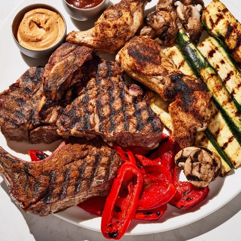 This Backyard BBQ Companion showcases a rustic arrangement of grilled delights, ideal for a hearty feast.