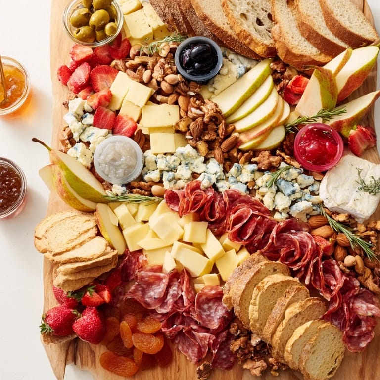 Delicious and dramatic, a Waterfall Edge Grazing Board, abundant with fruits and savory treats, looks amazing.