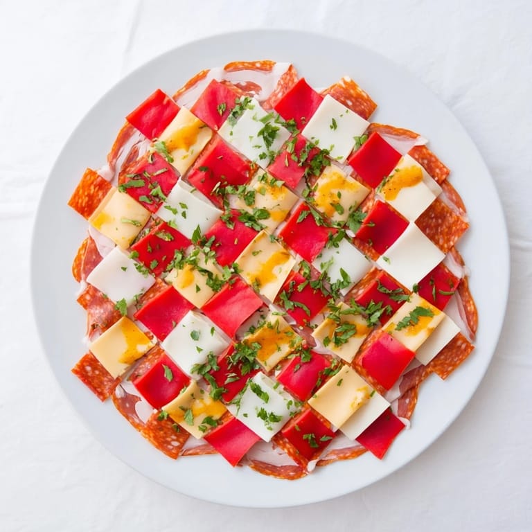 Colorful *Patchwork Quilt* appetizer creation: Sliced meats and cheeses artfully arranged with mustard quilt lines.