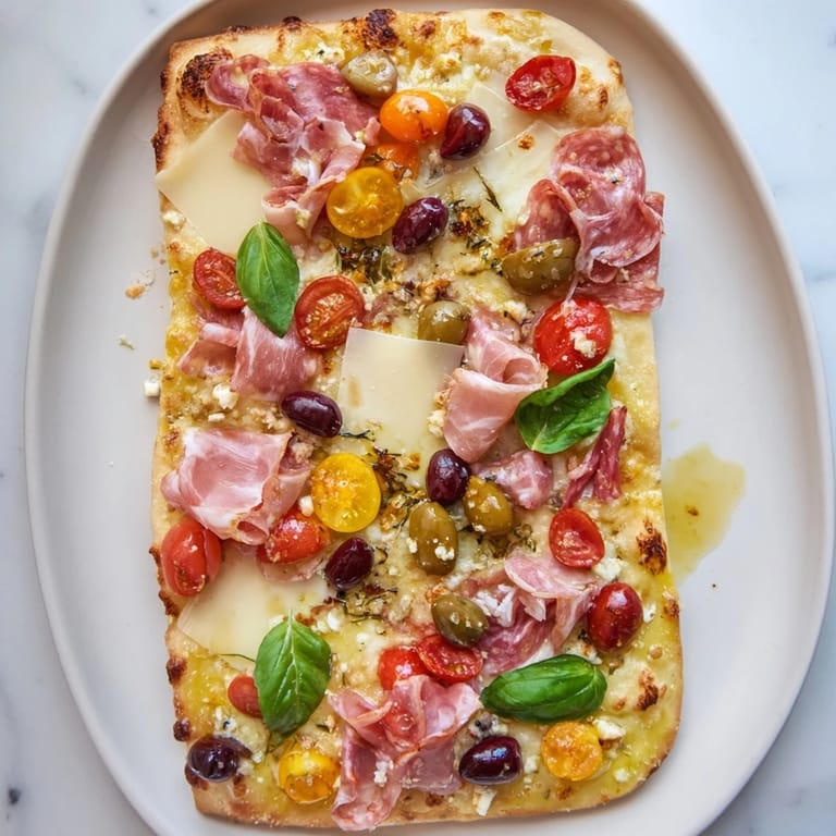Perfect for parties: A Rustic Raft appetizer with a variety of meats, olives, and fresh basil, ready to serve.