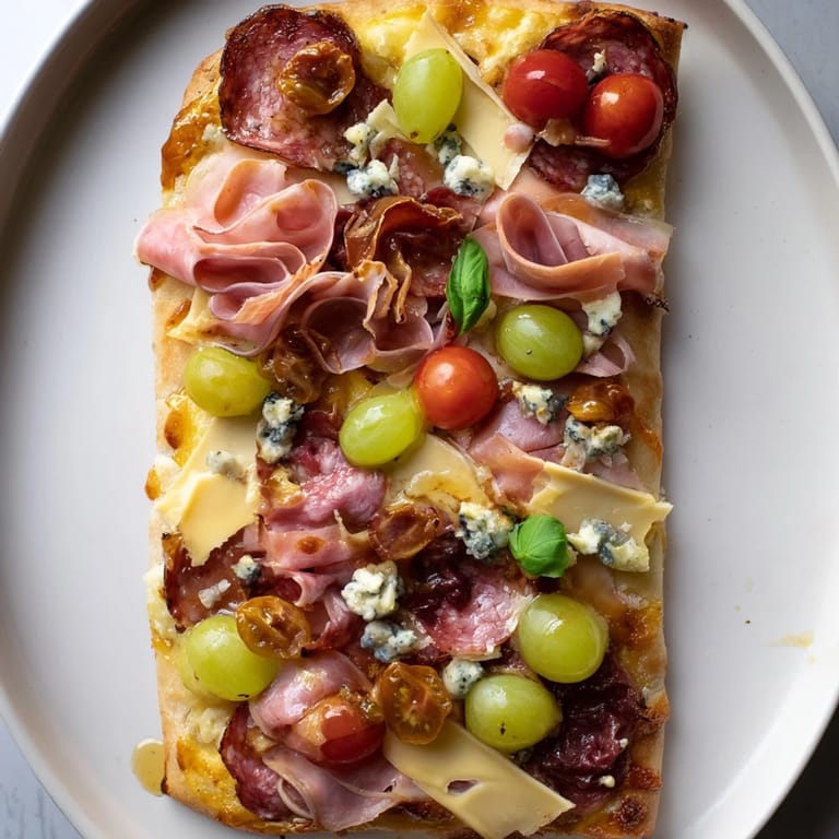 Savory Rustic Raft appetizer, loaded with sliced salami, prosciutto, and cheeses atop golden flatbread.