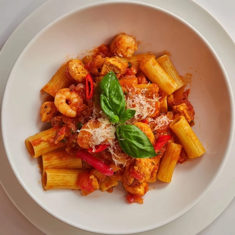 A close-up shot of the delicious One-Pot Diavola Pasta with shrimp, garnished with fresh basil and Parmesan cheese.