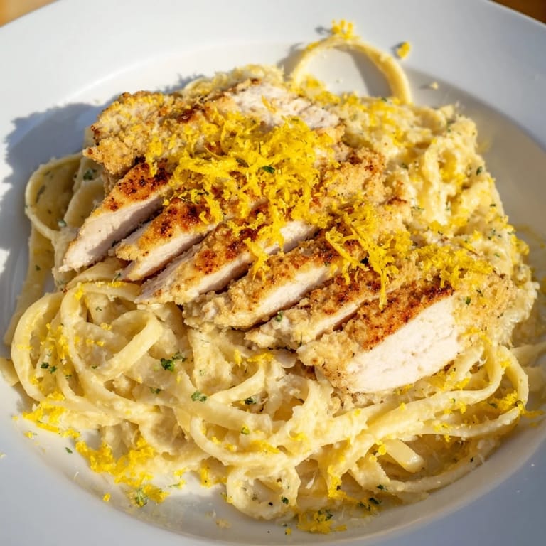 The finished Pasta with Lemon Brûlée Chicken, beautifully plated with rich sauce and grated cheese is presented.