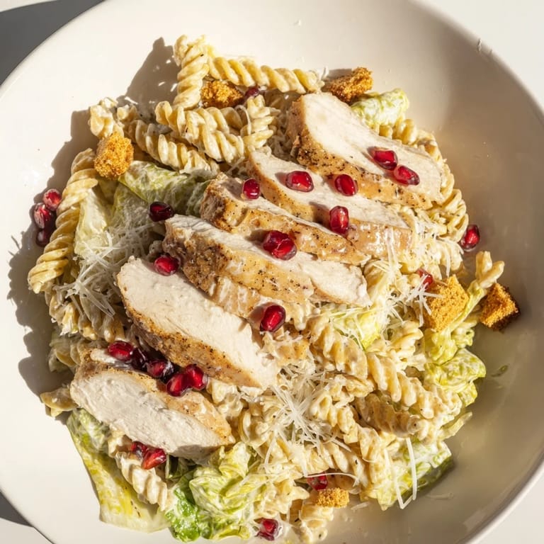 A colorful bowl of Chicken Caesar Pasta featuring vibrant pomegranate arils and shaved Parmesan.