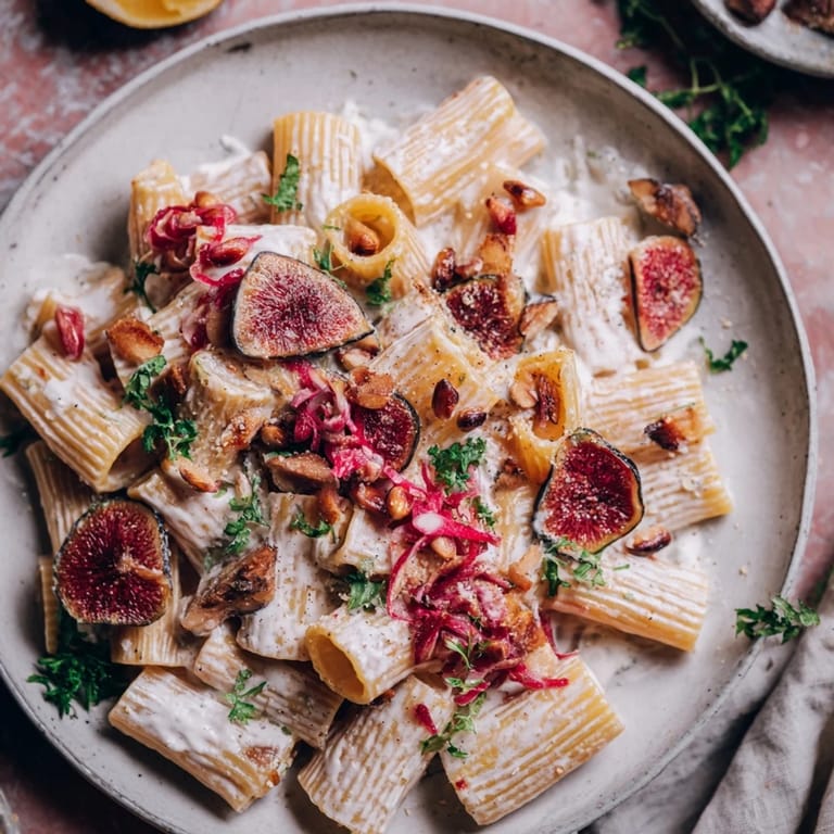 A close-up shot of the Pasta with Roasted Grapes, garnished with fresh herbs and pine nuts.