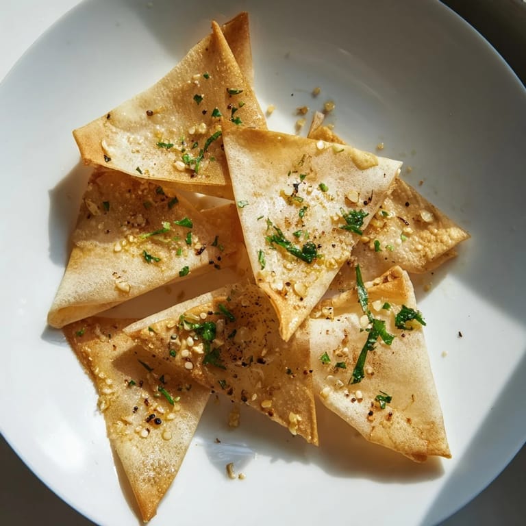 Air-fried garlic lumpia chips that are wonderfully crunchy; perfect for dipping and sharing.