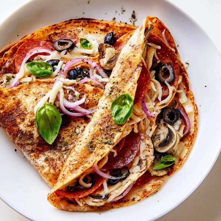 A perfectly folded Cheesy Tortilla Pizza Wrap, showing off the warm melted cheese and savory toppings inside.