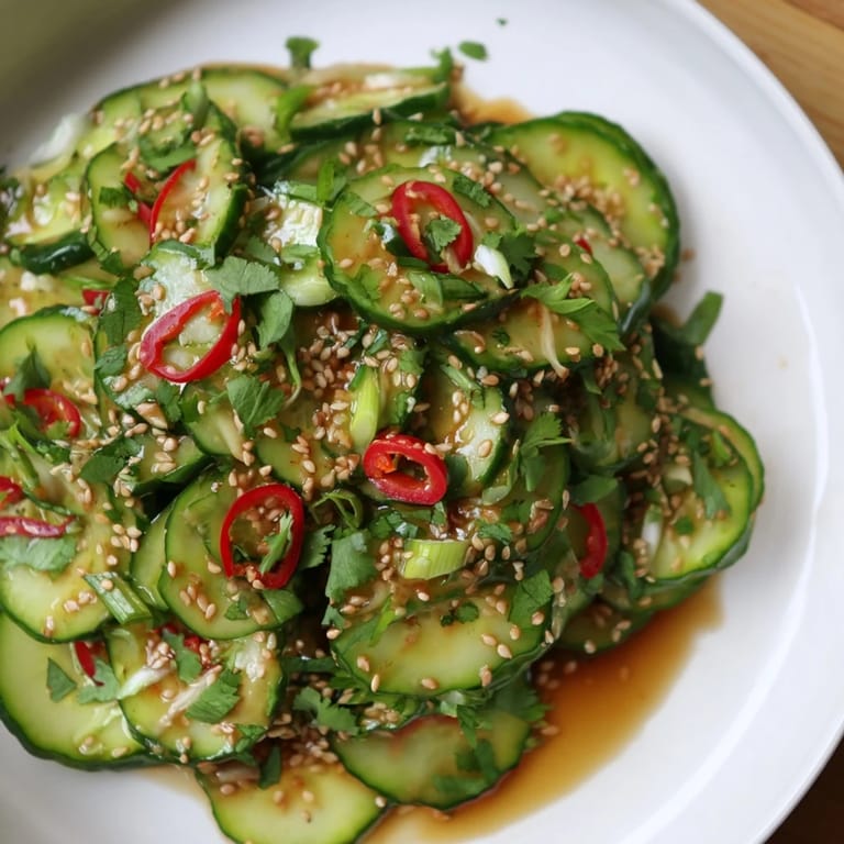 Refreshing Tangy shaken Asian-style Cucumber Salad: Picture the chilled, marinated cucumbers ready to eat for a delicious side.