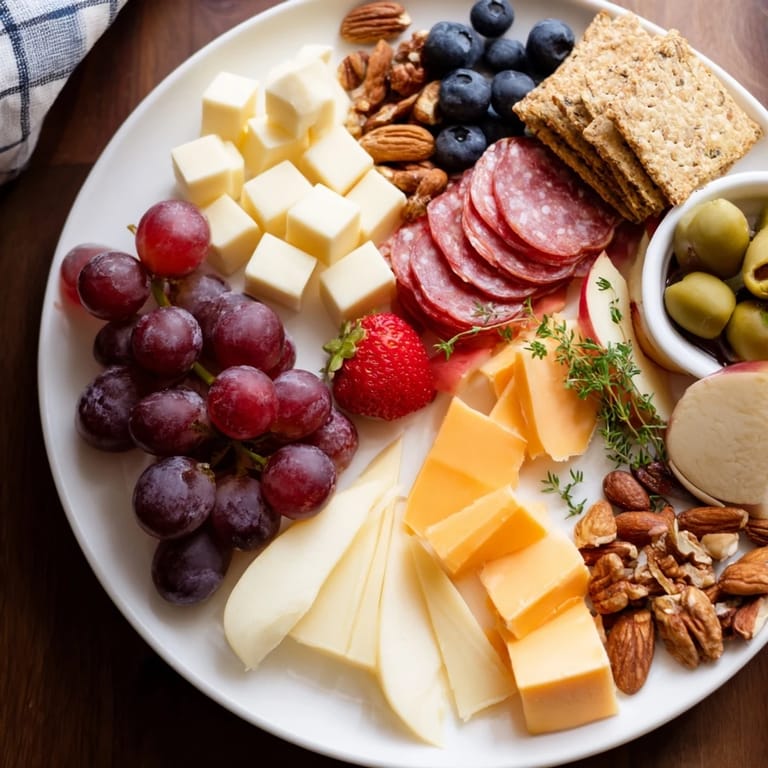 Easy-to-assemble charcuterie snack board, perfect for a Girl Dinner, featuring brie and fresh fruit.