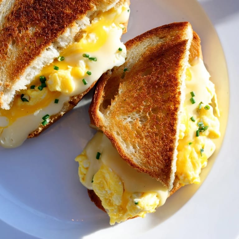 A perfectly toasted one-pan egg breakfast sandwich with melted cheese, ready to eat with a sprinkle.